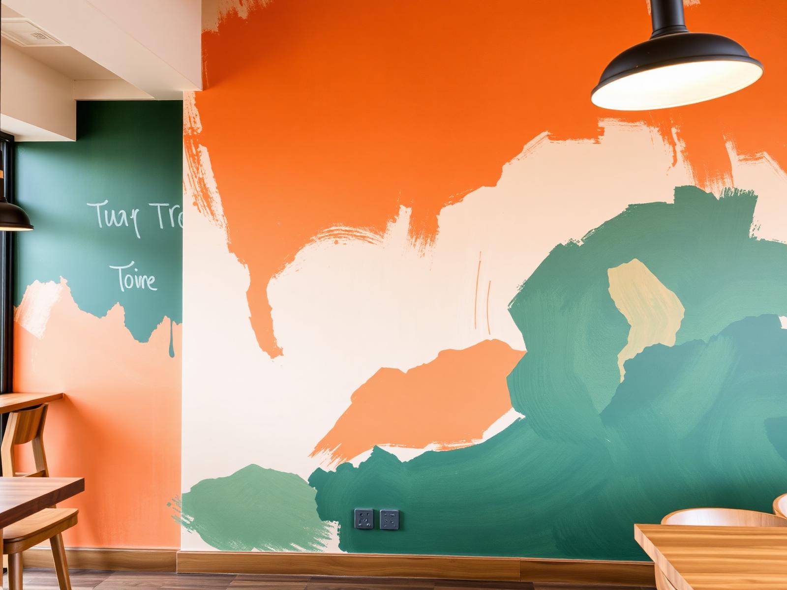 Cafe feature wall painted with a bold abstract mural