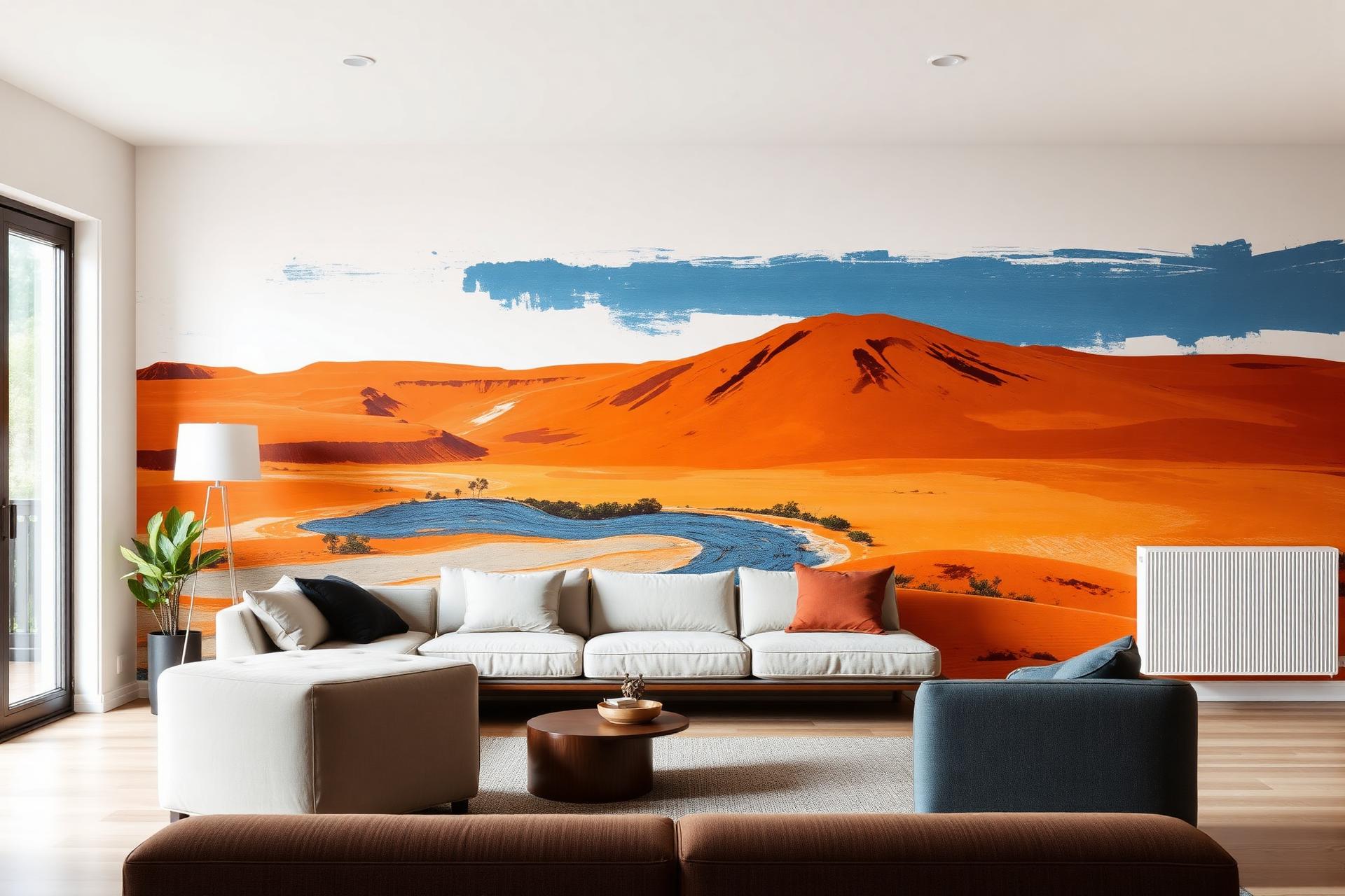 Warm Sydney living room with a large printed feature wall