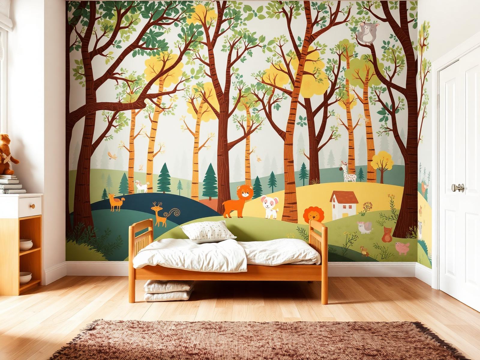 Kids room with a full wall printed forest mural