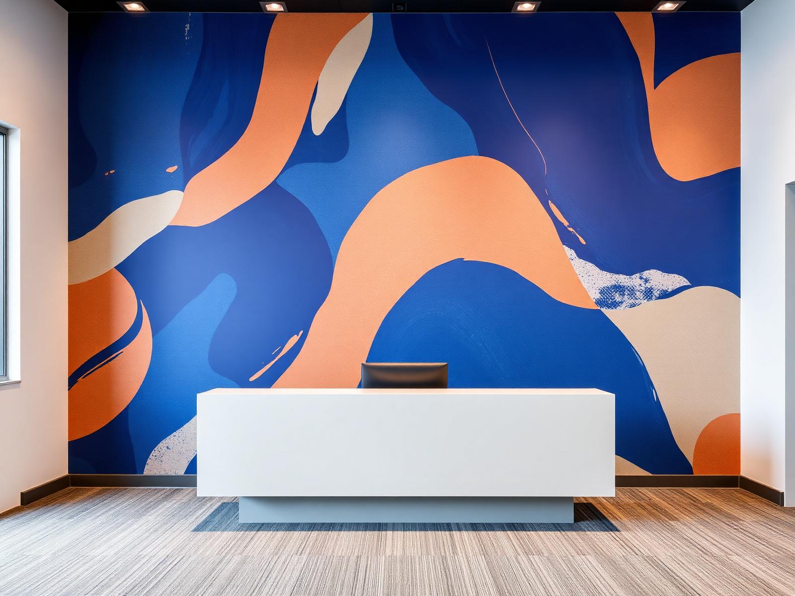 Office reception wall printed with a bold brand mural